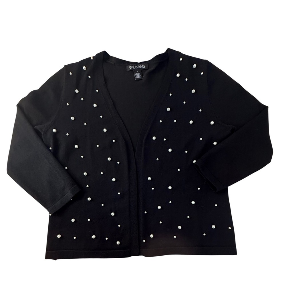 Black Pearl Studded Cardigan Open Front 3/4 Sleeve Chic Elegant Sweater Dressy S